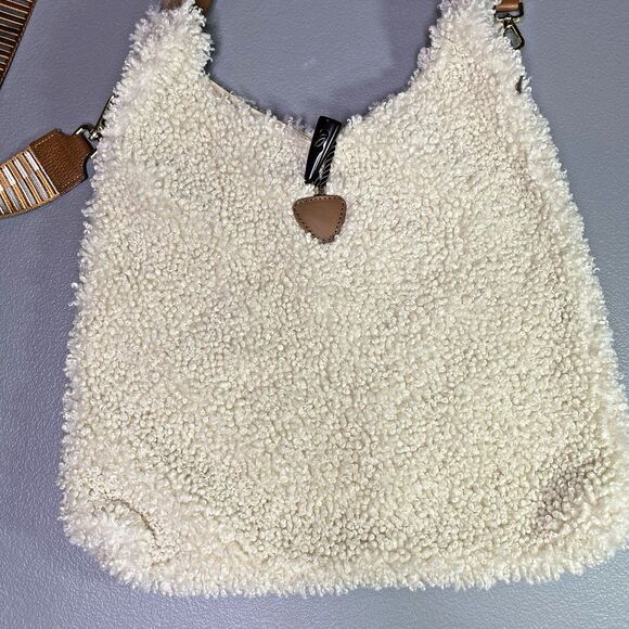 Sherpa Leather Womens Hobo Bag Cream Brown Gold Accents Plush Made in Italy - Picture 7 of 16